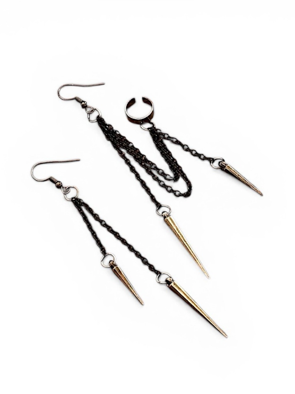 Edge Spike Dangle Earrings with Black Chain and Gold Spikes